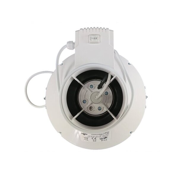 Effizienter 2-Stufen-Rohrventilator mit 150/160 mm Anschluss, 264/445 m³/h Luftleistung, IPX4-Schutz & Überhitzungsschutz. Ideal für feuchte Räume & Growboxen.mm 264/445m³/h